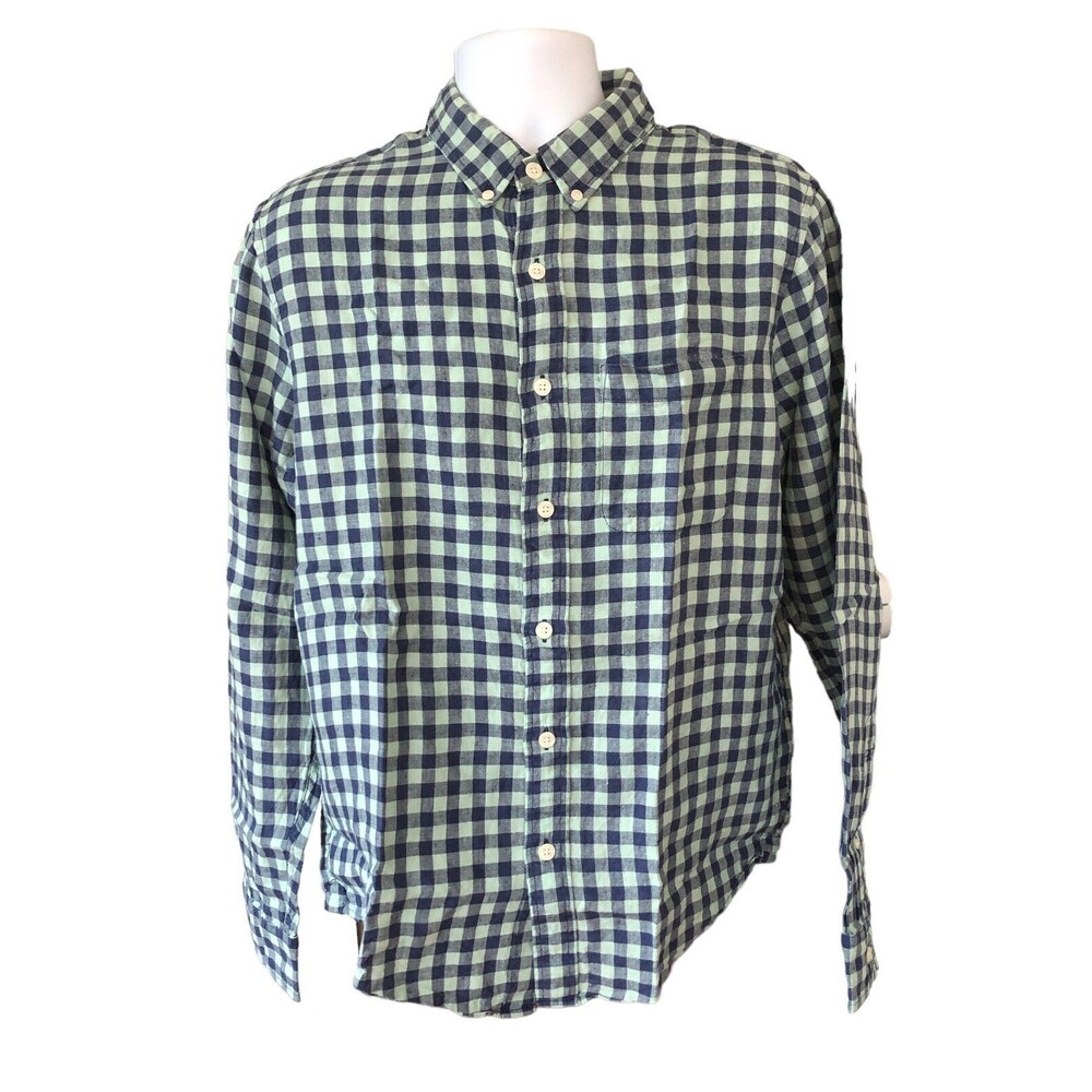 Abercrombie & Fitch Men L Green/Navy Check Linen Long Sleeve Button Up Shirt